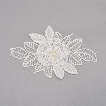 Milk Fiber Lace Embroidery Costume Accessories, Applique Patch, Sewing Craft Decoration, with Imitation Pearl, 3D Flower, White, 85x135x7mm