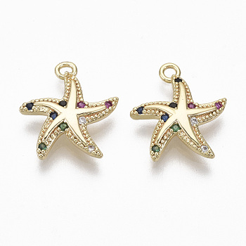 Brass Micro Pave Cubic Zirconia Charms, Nickel Free, Starfish, Real 18K Gold Plated, Colorful, 14.5x13x3mm, Hole: 1.4mm