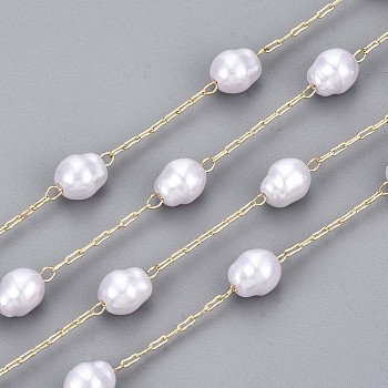 Handmade ABS Plastic Imitation Pearl Beads Chains, for Necklaces Bracelets Making, with Brass Paperclip Chains, Long-Lasting Plated, Soldered, Light Gold, Creamy White, Link: 3x1x0.4mm, Oval: 1/4x1/4 inch(7.5x6.5mm,Link: 3x1x0.4mm, Oval: 7.5x6.5mm