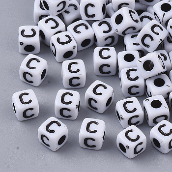White Opaque Acrylic Beads, Horizontal Hole, Cube with Black Alphabet, Letter.C, 4~5x4~5x4~5mm, Hole: 1.8mm, about 255~260pcs/20g