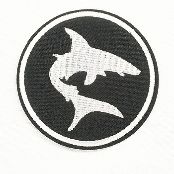 Computerized Embroidery Cloth Iron on/Sew on Patches, Costume Accessories, Appliques, Flat Round with Shark, Black & White, 78mm