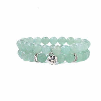 2Pcs 2 Style Natural Green Aventurine Stretch Bracelets Set, Stackable Bracelets with Heart Charms, Round