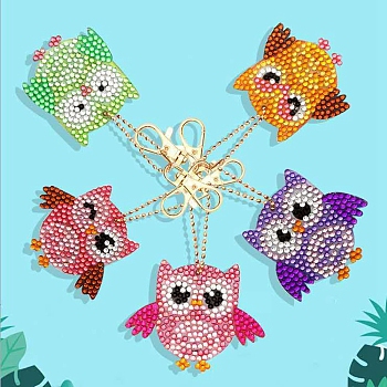 DIY Keychain Diamond Painting Kit, Including Resin Rhinestones Bag, Diamond Sticky Pen, Tray Plate and Glue Clay, Acrylic Board, Metal Finding, Owl, 50~100mm