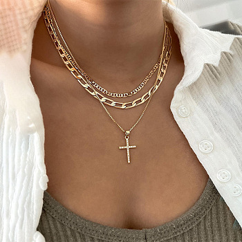 Alloy Crystal Crystal Rhinestone Cross Pendant 3-
Layer Necklaces for Women, Golden, 15.75 inch(40cm)