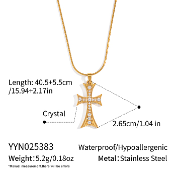 Fashion 304 Stainless Steel Crystal Rhinestone Cross Pendant Round Snake Chain Necklaces for Women, Real 18K Gold Plated, 15.94 inch(40.5cm)