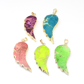 Golden Plated Wing Natural Regalite/Imperial Jasper/Sea Sediment Jasper Pendants, with Alloy Findings, Dyed, Mixed Color, 60x23x6mm, Hole: 6x5mm