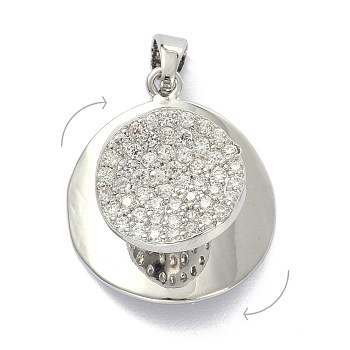 Brass Micro Pave Clear Cubic Zirconia Pendants, Rotatable, Flat Round, Platinum, 20x17x10mm, Hole: 4.5x2mm
