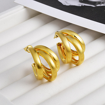 C-Shaped Brass Multi-Strand Half Hoop Stud Earrings for Women, Real 18K Gold Plated, 23x17mm