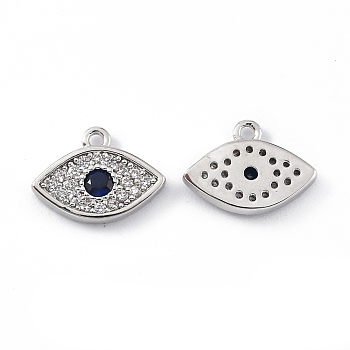 Brass Micro Pave Clear & Marine Blue Cubic Zirconia Charms, Eye, Platinum, 8x10.5x1.5mm, Hole: 1mm