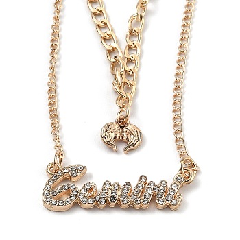 Alloy Double Layered Necklaces, Pendant Necklaces, with Glass Rhinestone, Constellation/Zodiac Sign, Golden, Gemini, Word: 33.5x12x2.5mm, 16.14 inch(41cm)