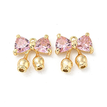 Rack Plating Brass Pendants, with Pearl Pink Glass, Bowknot Charms, Real 18K Gold Plated, 14x13x4mm, Hole: 1.4mm