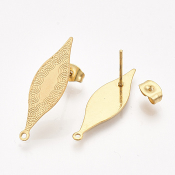 304 Stainless Steel Stud Earring Findings, with Loop and Ear Nuts/Earring Backs, Leaf, Golden, 27.5x8.5mm, Hole: 1mm, Pin: 0.7mm