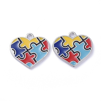 Alloy Enamel Pendants, Heart with Puzzle Autism Symbol, Colorful, Platinum, 19x20.5x2mm, Hole: 2mm