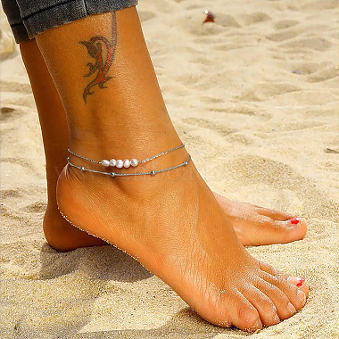 Rhodium Plated 925 Sterling Silver Double Layered Chain Anklet with Natural Freshwater Pearls(AJEW-F162-013P)-2