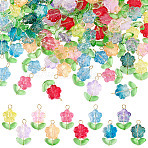 100Pcs 10 Colors Glass Pendants, Flower, with 304 Stainless Steel Findings, Mixed Color, 24mm, Hole: 2.7mm, 10pcs/color(PALLOY-GA00019)