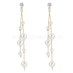 1Pair Brass Micro Pave Clear Cubic Zirconia Tassel Stud Earrings for Women, with Imitation Pearl, Round, Golden, 104.5x10mm(EJEW-LP0001-73)