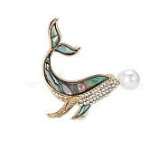 Whale Shell Pin, Alloy Rhinestone Brooch for Backpack Clothes, with Plastic Imitation Pearl Beads, Golden, 40x40mm(PW-WGDB6B8-01)