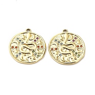 Ion Plating(IP) 304 Stainless Steel Pendants, with Colorful Rhinestone, Flat Round with Snake Charm, Real 18K Gold Plated, 25x23x2mm, Hole: 1.6mm(STAS-Q254-09G)