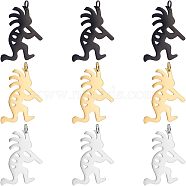 Unicraftale 9Pcs 3 Colors 304 Stainless Steel Pendants, Kokopelli, Mixed Color, 27.5x18.5x1mm, Hole: 3.5mm, 3pcs/color(STAS-UN0037-80)