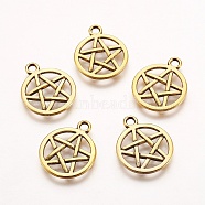 Tibetan Style Alloy Pendants, Flat Round with Pentagram, Lead Free, Nickel Free and Cadmium Free, Antique Golden, 16.5mm in diameter, 1.8mm thick, hole: 2mm(X-GLF11172Y-NF)