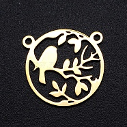 201 Stainless Steel Pendants, Filigree Joiners Findings, Laser Cut, Round Ring with Branch with Bird, Golden, 17.5x18x1mm, Hole: 1.5mm(STAS-S105-JN873-2)