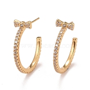 Clear Cubic Zirconia C-shape with Bowknot Stud Earrings, Brass Half Hoop Earrings for Women, Cadmium Free & Nickel Free & Lead Free, Real 18K Gold Plated, 20.5x1.5mm, Pin: 0.7mm(EJEW-C022-22G)