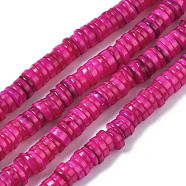 Natural Freshwater Shell Beads Strands, Dyed, Flat Round/Disc, Heishi Beads, Fuchsia, 5~6x1~2mm, Hole: 1mm, about 205~215pcs/strand, 15.35 inch(39cm)(SHEL-S278-025F)