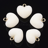 Flocky Acrylic Pendants, with Brass Loops, Heart, Golden, Creamy White, 18.5x18x13mm, Hole: 2.5mm(X1-FIND-T046-28-08)