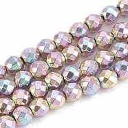 Electroplate Non-magnetic Synthetic Hematite Beads Strands, Round, Faceted, Rainbow Plated, 4x4mm, Hole: 0.8mm, about 100pcs/strand, 15.7 inch(G-N0318-30-D)