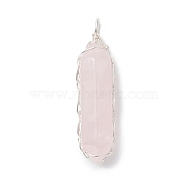 Natural Rose Quartz Copper Wire Wrapped Pendants, Double Termimal Pointed Faceted Bullet Charms, Silver, 37~38x10x9.5mm, Hole: 2.5mm(PALLOY-JF02058-01)