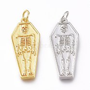 Brass Pendants, Long-Lasting Plated, with Jump Rings, Lead Free & Cadmium Free, Coffin Skeleton, Mixed Color, 26.5x11.5x2mm, Jump Ring: 5x1mm, Inner Diameter: 3mm(KK-A150-01-RS)