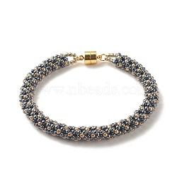 Glass Seed Beaded Bracelet with Brass Magnetic Clasps, Braided Bracelet for Women, Prussian Blue, 7-1/2 inch(19cm)(BJEW-JB07801-01)