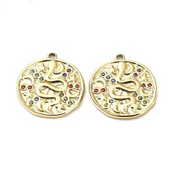 Ion Plating(IP) 304 Stainless Steel Pendants, with Colorful Rhinestone, Flat Round with Snake Charm, Real 18K Gold Plated, 25x23x2mm, Hole: 1.6mm(STAS-Q254-09G)