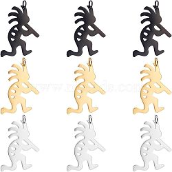 Unicraftale 9Pcs 3 Colors 304 Stainless Steel Pendants, Kokopelli, Mixed Color, 27.5x18.5x1mm, Hole: 3.5mm, 3pcs/color(STAS-UN0037-80)