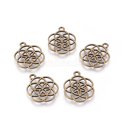 Tibetan Style Flower Alloy Pendants, Seed of Life/Sacred Geometry, Cadmium Free & Nickel Free & Lead Free, Antique Bronze, 25x20x1mm, Hole: 2mm(X-TIBEP-R345-38AB-NR)