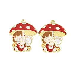 Golden Plated Alloy Enamel Pendants, Cadmium Free & Lead Free, Mushroom with Girl Charm, FireBrick, 30x24.5x1mm, Hole: 1.6mm(ENAM-Z017-09G-05)