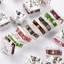 Brass Rhinestone Spacer Beads, Square, Nickel Free, Silver Color Plated, Mixed Color, about 5mm long, 5mm wide, 2.5mm thick, hole: 1mm(RSB071)
