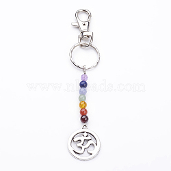 Tibetan Style Alloy Keychain, with Natural Gemstone Beads, Iron Key Rings and Alloy Swivel Lobster Claw Clasps, Flat Round with Om Symbol, Mixed Color, 140mm(KEYC-JKC00150-05)