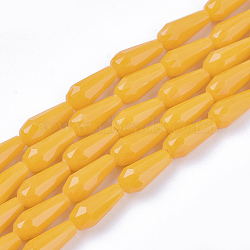 Opaque Solid Color Glass Beads Strands, Imitation Jade, Faceted, Teardrop, Orange, 9~10x4mm, Hole: 1mm, about 72pcs/Strand, 26.38~27.17 inch(67~69cm)(X-GLAA-T009-001D)