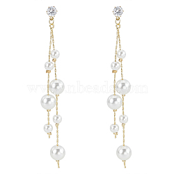 1Pair Brass Micro Pave Clear Cubic Zirconia Tassel Stud Earrings for Women, with Imitation Pearl, Round, Golden, 104.5x10mm(EJEW-LP0001-73)