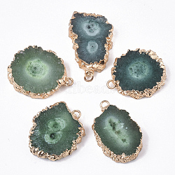 Natural Druzy Agate Pendants, with Brass Finding, Golden Tone Edge Plated, Dyed, Nuggets, Medium Sea Green, 22~33x18~25x5~7mm, Hole: 1.2~2mm(G-N325-04A)