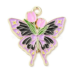 Light Gold Plated Alloy Enamel Pendants, Butterfly with Rose Charm, Lilac, 25x23x1.5mm, Hole: 1.8mm(ENAM-L041-03C)