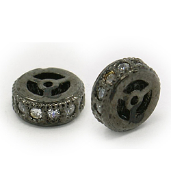 Brass Cubic Zirconia Beads, Flat Round, Gunmetal, 8x2.5mm, Hole: 1mm(ZIRC-F001-111B)