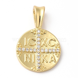 Rack Plating Brass Micro Pave Cubic Zirconia Pendants, Long-Lasting Plated, Lead Free & Cadmium Free, Round with Cross, Real 18K Gold Plated, 22.5x14.5x5mm, Hole: 5x3mm(KK-R143-04G)