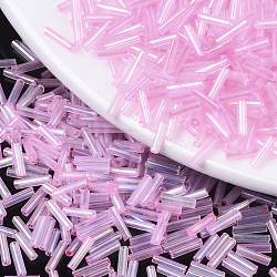 Transparent Colours Rainbow Glass Bugle Beads, AB Color, Pink, 6x1.8mm, Hole: 0.6mm(TSDB6MM01)