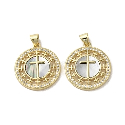 Brass Micro Pave Clear Cubic Zirconia Pendants, with Shell, Real 18K Gold Plated, Flat Round, Cross, 23.5x21x3mm, Hole: 3.5x5mm(KK-I708-04D-G)