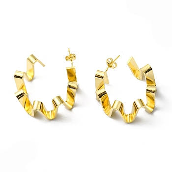 Rack Plating Brass Wave Ring Stud Earrings, Half Hoop Earrings, Lead Free & Cadmium Free, Real 18K Gold Plated, 24~27x14mm, Pin: 0.7mm