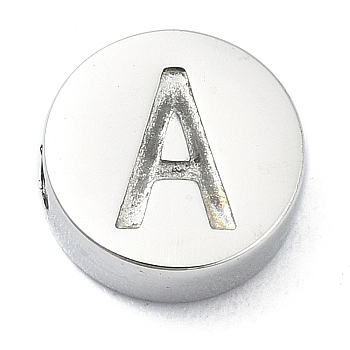 Tarnish Resistant 304 Stainless Steel Beads, Flat Round with Letter, Stainless Steel Color, Letter A, 8x3mm, Hole: 1.6mm