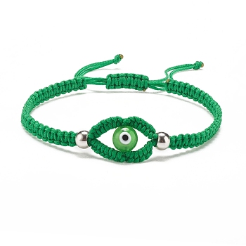 Lampwork Evil Eye Braided Bead Bracelet, Adjustable Friendship Bracelet for Women, Lime Green, Inner Diameter: 2-1/8~3-1/2 inch inch(5.3~8.8cm)