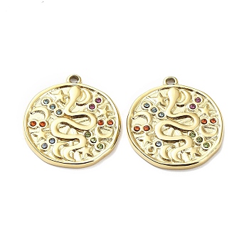 Ion Plating(IP) 304 Stainless Steel Pendants, with Colorful Rhinestone, Flat Round with Snake Charm, Real 18K Gold Plated, 25x23x2mm, Hole: 1.6mm